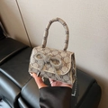 Mini handbag with monogram pattern and rhinestone bow detail with chain strap - Khaki