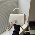 Creamy white star woven handbag with detachable shoulder strap for elegant summer styling - White