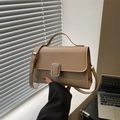 Chic khaki faux leather square handbag with silver metal buckle and top handle - Khaki