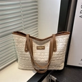 Straw tote bag in beige lace with dark brown leather straps for summer travel - Brown