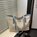 Elegant beige lace crochet tote bag with light blue leather straps and gold rivets - Blue