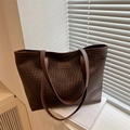 Brown woven texture tote bag with slim shoulder straps for daily commuting and large capacity - Dark Brown