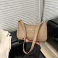 Retro Schultertasche in Khaki-Beige mit Krokoprägung und goldener Schleifenverzierung - Khaki