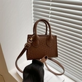 Brown mini square crossbody bag with woven texture and gold hardware details - Tan