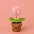 Handmade crochet pink tulip flower in a brown knitted pot for home and office desktop decor - Peach Pink Tulip Potted Plant In Mini Yarn Pot