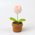 Handmade crochet pink tulip flower in a brown knitted pot for home desktop decor - Skin-colored Tulip Bonsai - Mini Yarn Pot