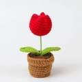 Handmade crochet red tulip in a mini brown pot for desktop decoration and gifts - Red Tulip Potted Plant In Mini Yarn Pot
