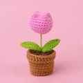 Handmade crochet potted pink tulip flower desk ornament with green leaves and brown base - Rose-purple Tulip Bonsai - Mini Yarn Pot