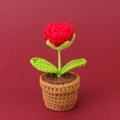 Handmade crochet red rose mini potted plant for car interior and desk decor - Mini Pot / Red Rose Potted Plant