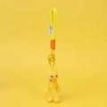 Handmade yellow crochet duck keychain with pink cheeks, metal carabiner and small bell - Duck With Hanging Legs / Yellow