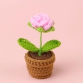 Handmade crochet pink rose potted plant with green leaves for desk and car decor - Pink Bubble Rose Bonsai - Mini Yarn Pot