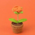 Handmade crochet orange rose potted plant with green leaves and brown knit base - Orange-bubble Rose Bonsai - Mini Yarn Pot