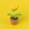 Handmade yellow crochet flower in a brown knitted pot for home and desk decor - Orange-yellow Bubble Rose Bonsai - Mini Yarn Pot