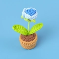 Handmade crochet potted blue rose flower plant with green leaves for desk decoration - Gradient Blue - Bubble Rose Bonsai - Mini Yarn Pot