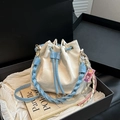 Chic cream and blue drawstring bucket bag with woven handle and shoulder strap in gift box - Single Bag / White Bag Style
