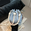 Light blue pleated bucket bag with white woven handle and cute decorative charms - Single Bag / Blue Single Bag