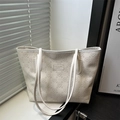 Cream floral embossed tote bag with brand label and long shoulder strap for women - White