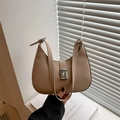 Chic beige half-moon shoulder bag with geometric silver buckle in high-quality PU leather - Khaki