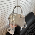 Silver metallic shell handbag for women with lace bow and faux pearl heart charm - Single Bag / Silver