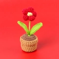 Handmade crochet red flower potted plant with green leaves and a two-tone woven base - Red Puff Flower Potted Plant - Mini Yarn Pot