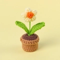 Handmade crochet light yellow flower in a brown knitted pot for desk decoration - Yellow - Puff Flower Potted Plant - Mini Yarn Pot