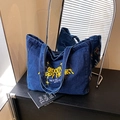 Japanese style deep blue denim tote bag with yellow embroidery and wide handles - Dark Blue