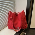 Grande borsa tote in tela rossa con coulisse, fodera scozzese e tracolla regolabile - Rosso