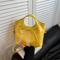 Bright yellow tote bag with large bow and white lace embroidery details - Yellow