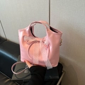 Pink tote bag for women with white lace bow and adjustable crossbody strap - Pink
