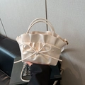 Borsa tote con fiocco plissettato bianco crema in pelle PU con manico corto - Bianco