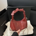 Chic burgundy crescent handbag with pleated handle and silver chain in a gift box - Red