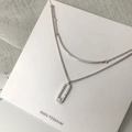 Minimalist S925 silver double layer necklace with polished bar and pavé oval pendant - Double Layer Smile Oval Pendant Necklace (XL085)