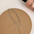 Macro detail of silver long tassel earrings with sleek snake chains and polished beads - Silver