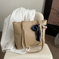 Minimalist apricot tote bag in smooth PU leather with decorative silk scarf handle - Khaki