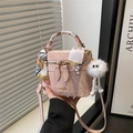 Pink PU leather crossbody box bag with scarf-wrapped handle and plush monster charm - With Pendant / Pink
