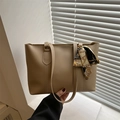 Minimalist khaki PU leather tote bag with vintage printed silk scarf handle detail - Khaki
