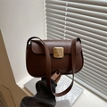 Minimalist dark brown square shoulder bag with gold buckle in premium smooth leather - Brown