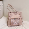 Détail du sac cabas rose avec fenêtre transparente frontale pour badges et épingles - Rose