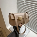 Chic beige crossbody square bag with a golden metal buckle and smooth matte finish - Khaki