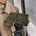 Yellow snake pattern shoulder bag with transparent window and circular pendant - Green