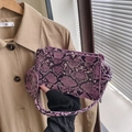 Purple snakeskin small square crossbody bag with transparent card slot and mini round mirror - Purple