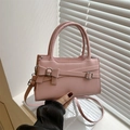Pink structured square handbag with a leather bow and metal buckles for women - Pink