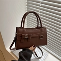 Chic dark brown leather crossbody bag with bow detail and silver buckles in natural light - Brown