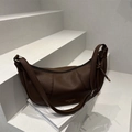 Dark brown crescent leather tote bag with lychee texture and gold fashion lettering - Brown