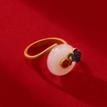 Classic S925 silver ring with white jade, auspicious cloud motifs and matte gold finish - Auspicious Cloud Jade Ring