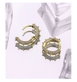 Detail of gold-plated punk hoop earrings with micro-paved zircons and rivet spikes - Pave Zirconia Spike Ear Buckle - Gold Color