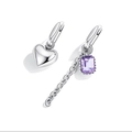 Asymmetric silver earrings featuring a solid heart and purple rectangle gemstone with chain - Purple Zirconia Heart Chain Asymmetric Ear Buckle