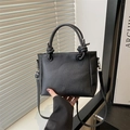 Fashionable black lychee grain square tote bag with elegant knot handle and silver hardware - Black
