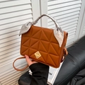 Quilted caramel brown small square bag with silk scarf handle and golden twist lock - Brown