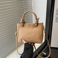 Fashionable camel square crossbody bag in litchi grain leather with knot handle - Khaki